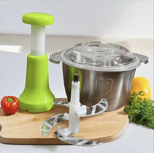 Stainless Steel Manual Food Chopper 2L – Multi Purpose Vegetable Fruit And Nut Cutter With Hand Push Blades