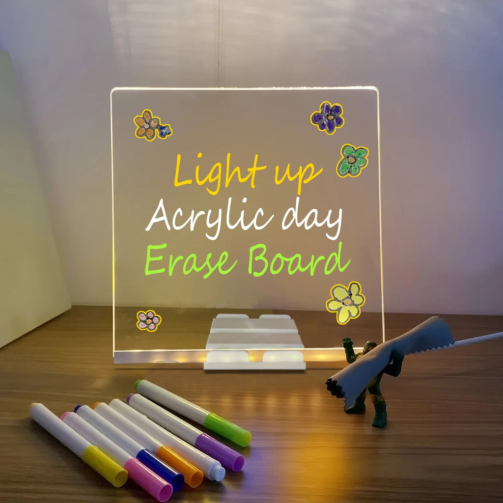 LED Light-Up Writing Board – 15×15 cm Acrylic Message Pad with Stand | Colorful DIY Notes & Erasable Neon Pens